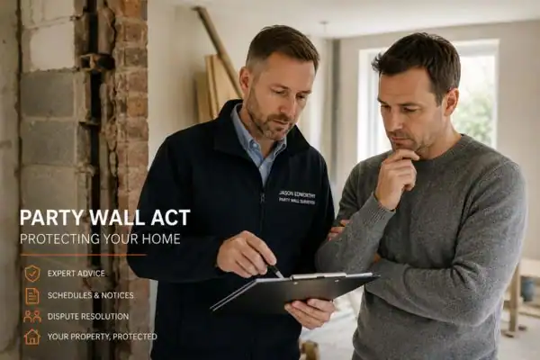 Party wall surveyor Slough discussing extension plans with homeowner outside a UK semi-detached house.